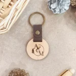 Minimalist Wooden Keychain with Leather Loop - round logo