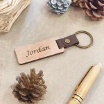 Minimalist Wooden Keychain with Leather Loop - square name