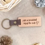 Minimalist Wooden Keychain with Leather Loop - square - text